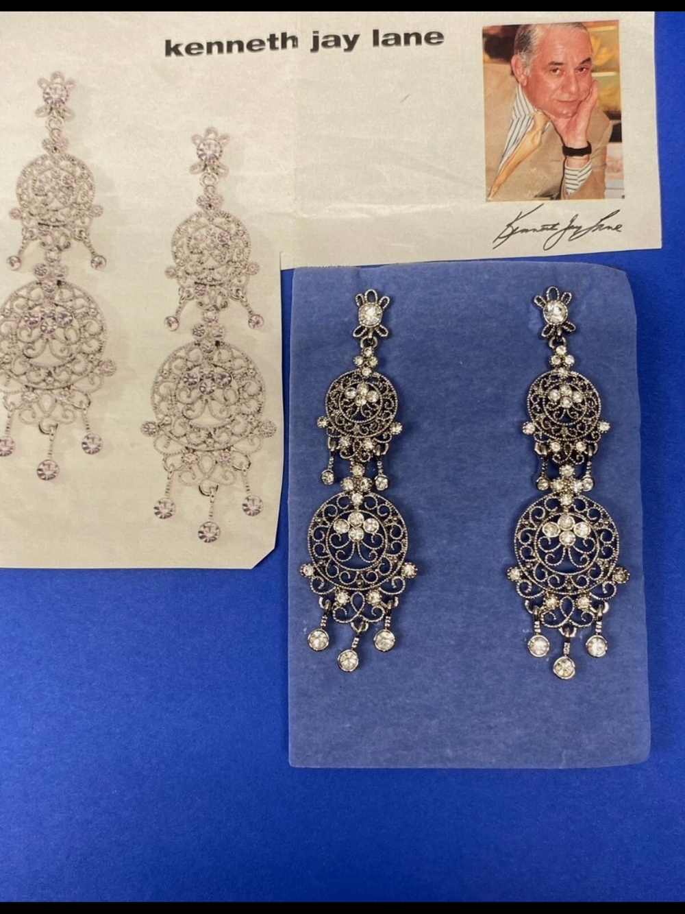 Kenneth Jay Lane Silver-Tone Filigree Vintage Chandelier Earrings  Clear Stones